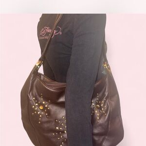 Ed Hardy Brown Leather Shoulder Bag with Gold Stud Accents